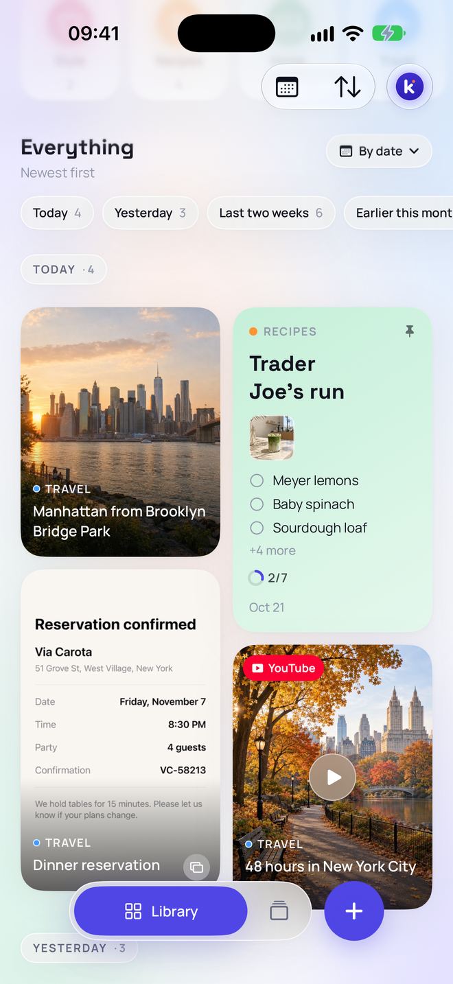 Keviio’s Everything view, grouped by day: a Manhattan skyline photo, a grocery checklist, a dinner reservation screenshot and a YouTube video about New York.