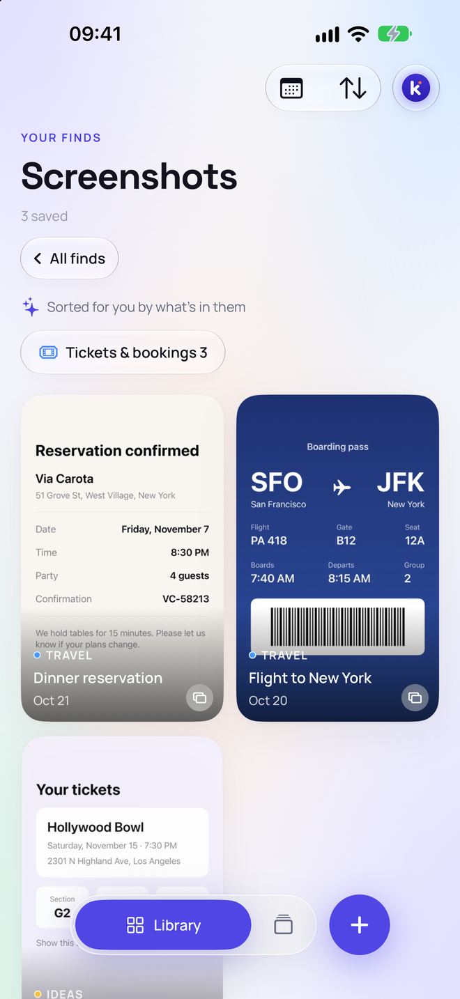 Keviio’s Screenshots view, sorted for you by what’s in them, showing the Tickets and bookings pile with a dinner reservation, a flight to New York and Hollywood Bowl tickets.